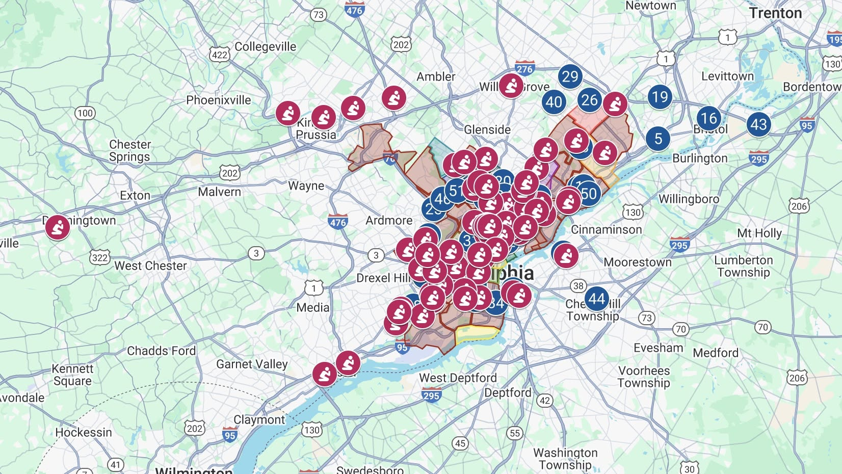 Map of church relationships in the Philadelphia region for follow-up and training